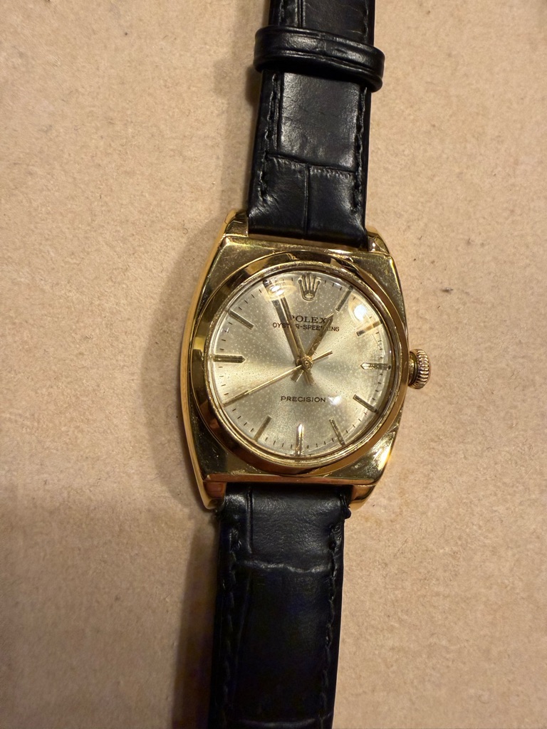 1954 Rolex Precision Gold Clad Case Watch With Black Strap And Champagne Dial